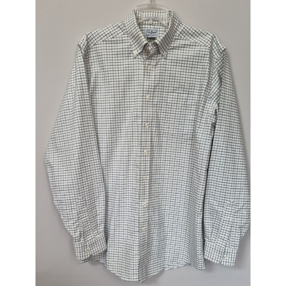 L.L. Bean Button Down Shirt Mens 15.5-36 Green Black Windowpane Plaid Preppy